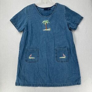 CB Casual Denim Jumper Dress 2X Pocket Blue Jean Beach Tropical Embroidery‎